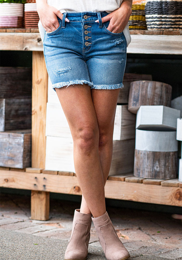 Women Stretchy Button Whisker Denim Shorts