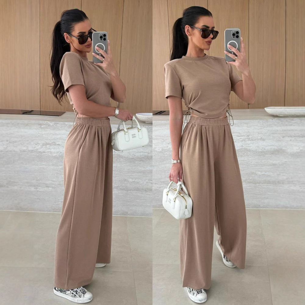Summer Fashion Solid Color Short Sleeve T-shirt Wide Leg Trousers Two-Piece Set 6
