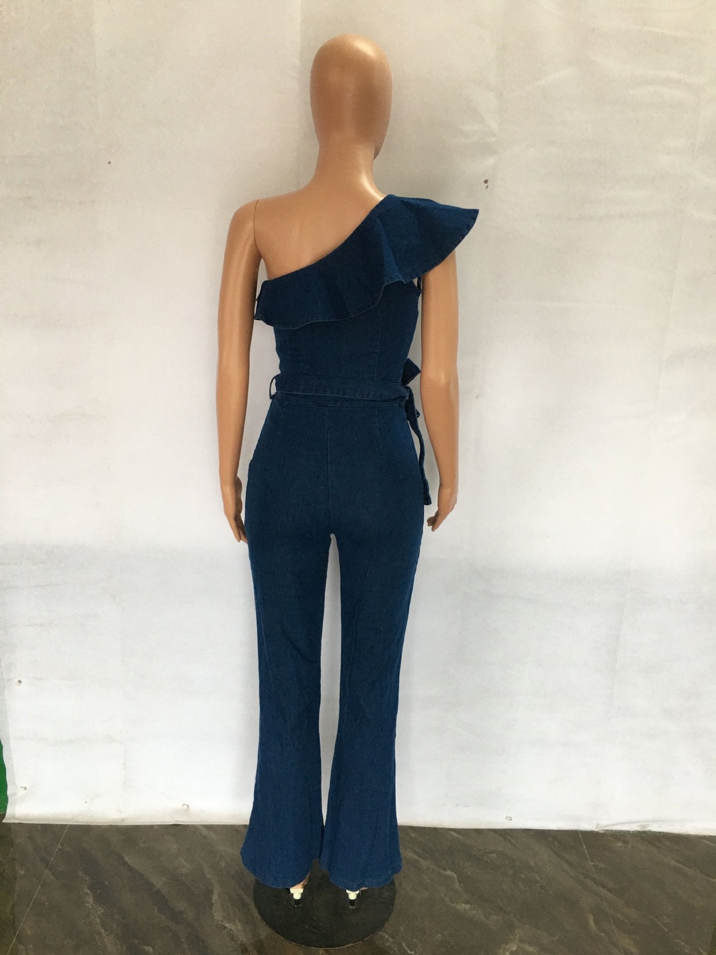 Women Ruffle Slash Shoulder Stretch Wide Leg Denim Jumpsuit 5