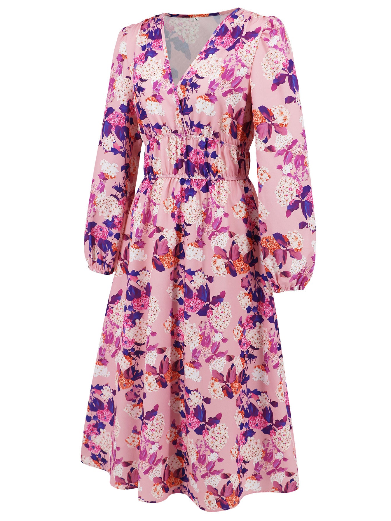 Women's Chic Print Slim Waist Long Sleeve Midi Casual Dress 35