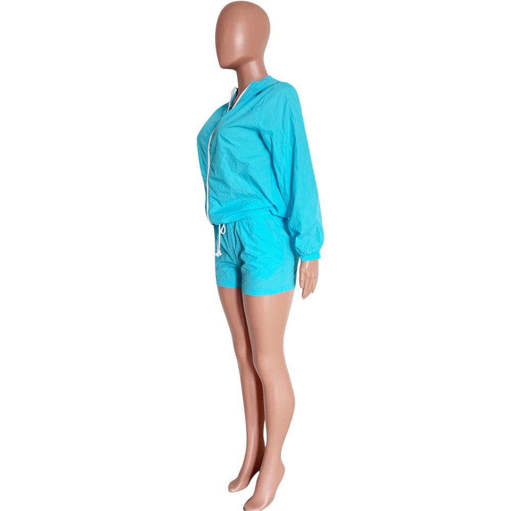 Women's Fashionable casual long sleeve sun protection Hooded Top and Shorts set 13