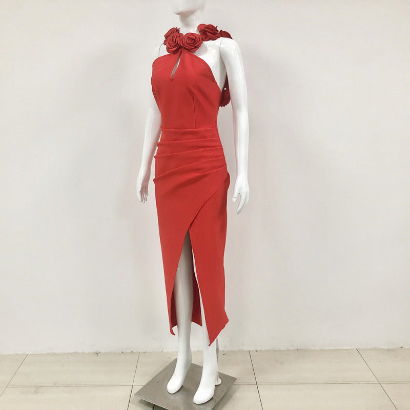 Women Sexy Sleeveless Backless Red Flower Bandage Dress 4