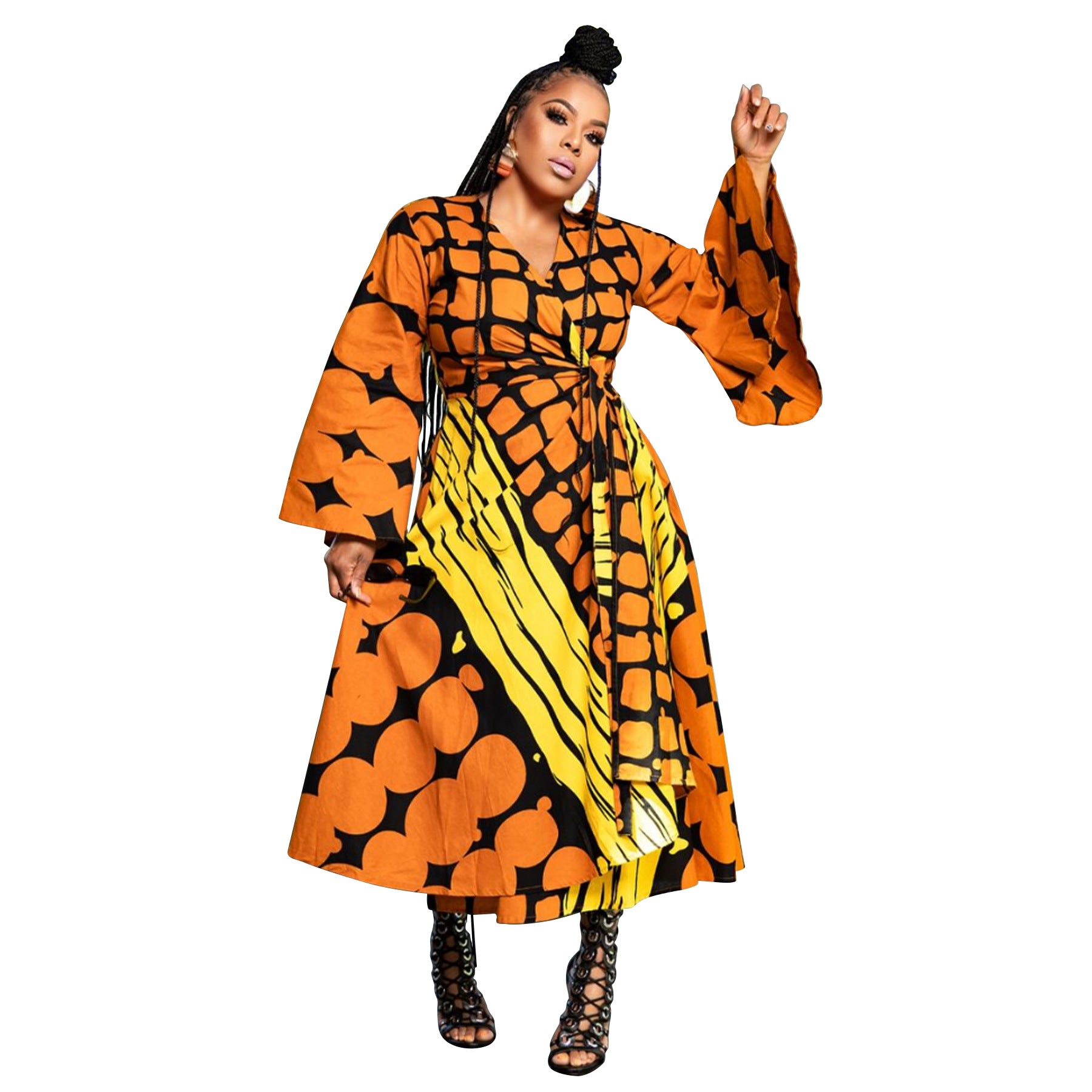 Plus Size African Women's Printed Wrap V-Neck Long Sleeve Maxi Dress 7