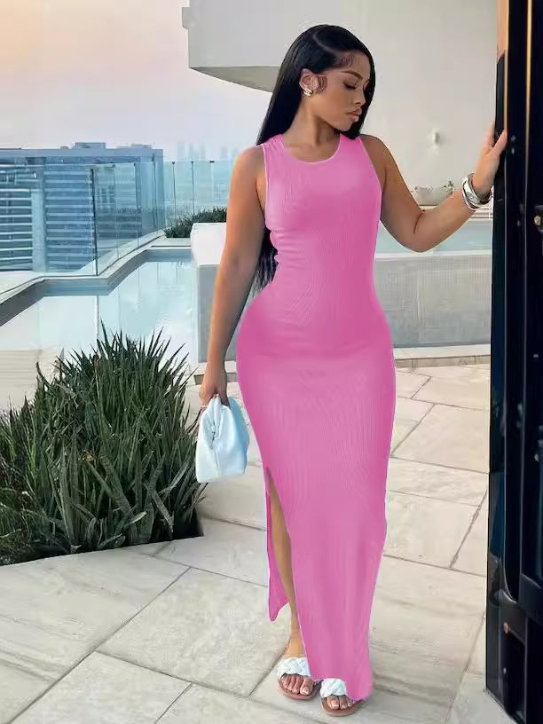 Women's Ribbed Sleeveless Round Neck Slim Long Dress 8