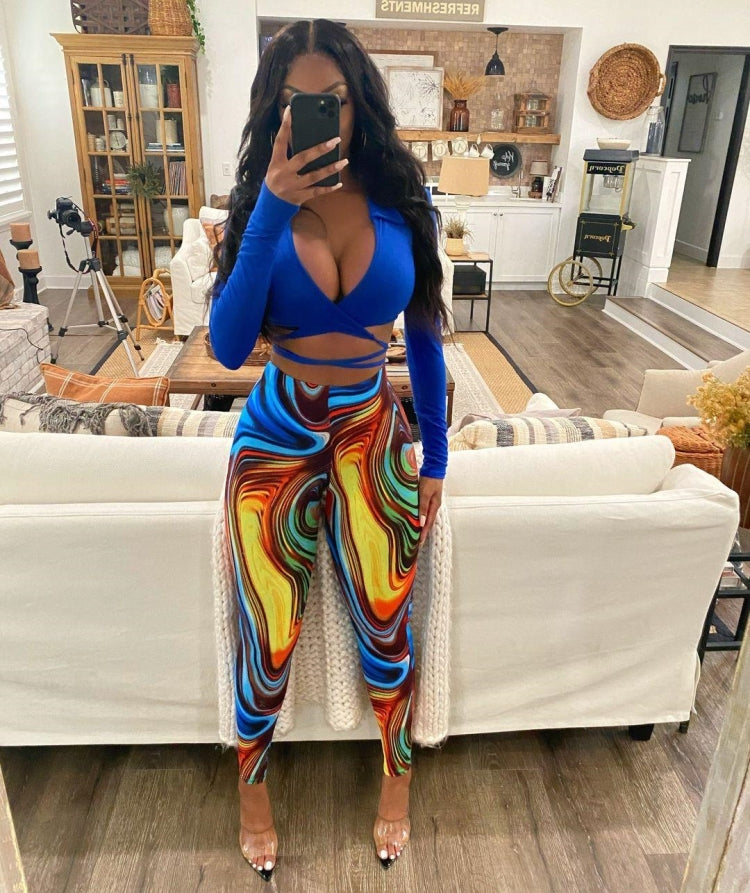 Fall Sexy Blue Turndown Collar Wrap Tied Long Sleeve Crop Top and Printed Tight Pants Set 4