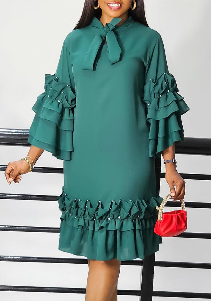 Women's Fashionable And Elegant Lace-Up Multi-Layered Ruffled Bell Bottom Sleeve Loose Dress