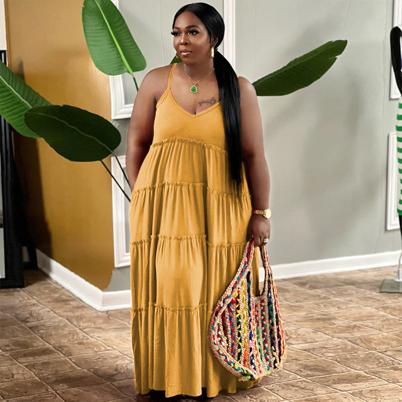 Summer Plus Size Women's Solid Color Sexy Camisole Pleated Patchwork Fashion Casual Dress 6