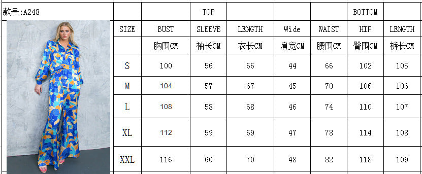 Women's Fashion Printed Puff Long Sleeve Shirt Wide Leg Pants Two-Piece Set 6