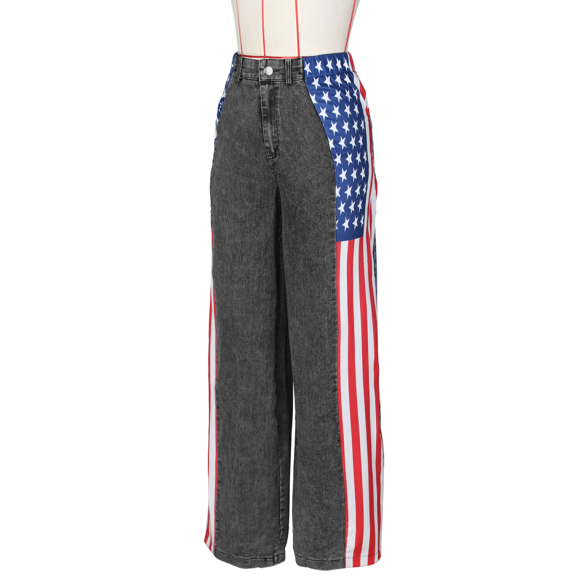 Women American Flag Printed Elastic Wide Leg Denim Pants 13