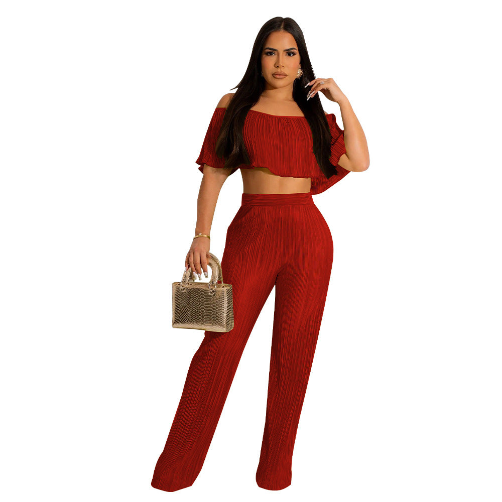 Women's Pleated Ruffle Off Shoulder crop top Wide Leg Pants two piece Set 12