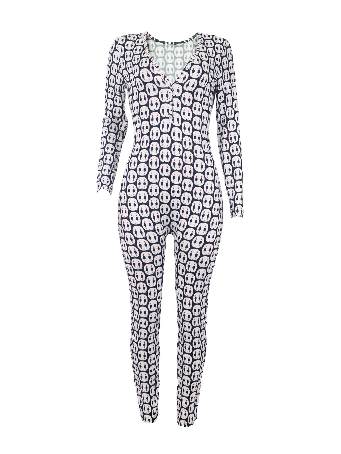 Women's Sexy Fashion Pattern Print Deep V-Neck Long Sleeve Tight Slim Jumpsuit 37