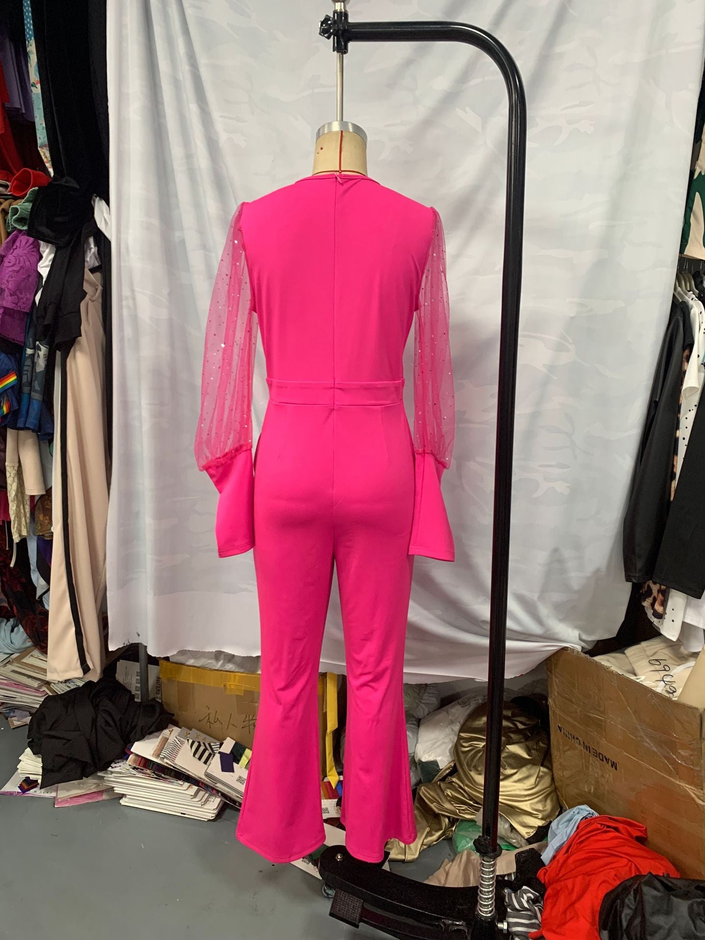 Women autumn V-neck mesh patchwork wide-leg jumpsuit 4