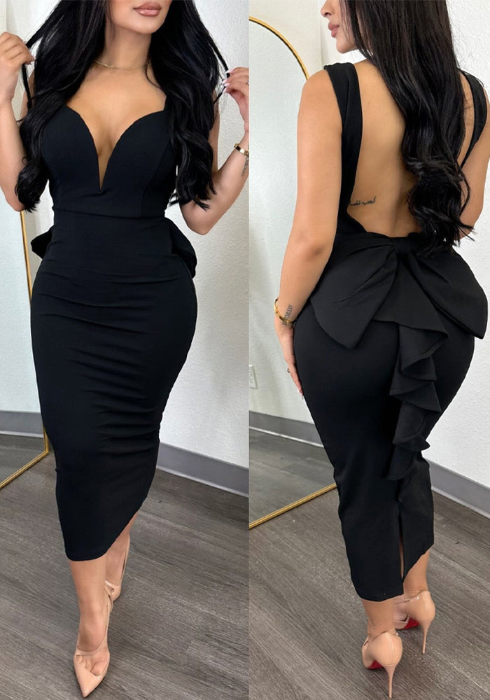 Women Solid Backless Ruffle Patchwork V-Neck Dress