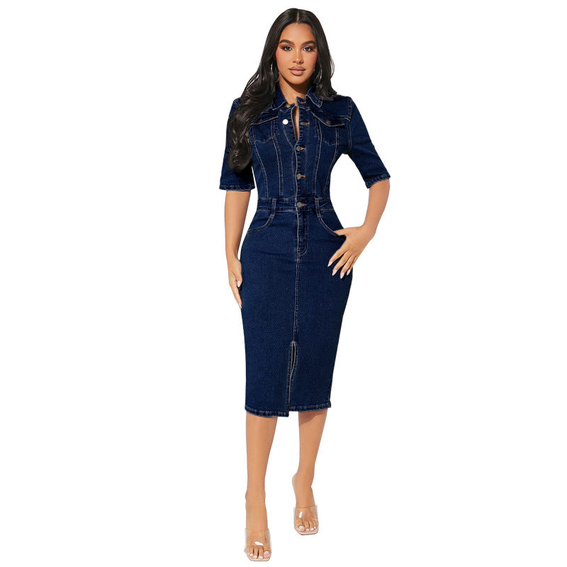 Women's Denim Short Sleeve Turndown Collar Bodycon Midi Dress 7