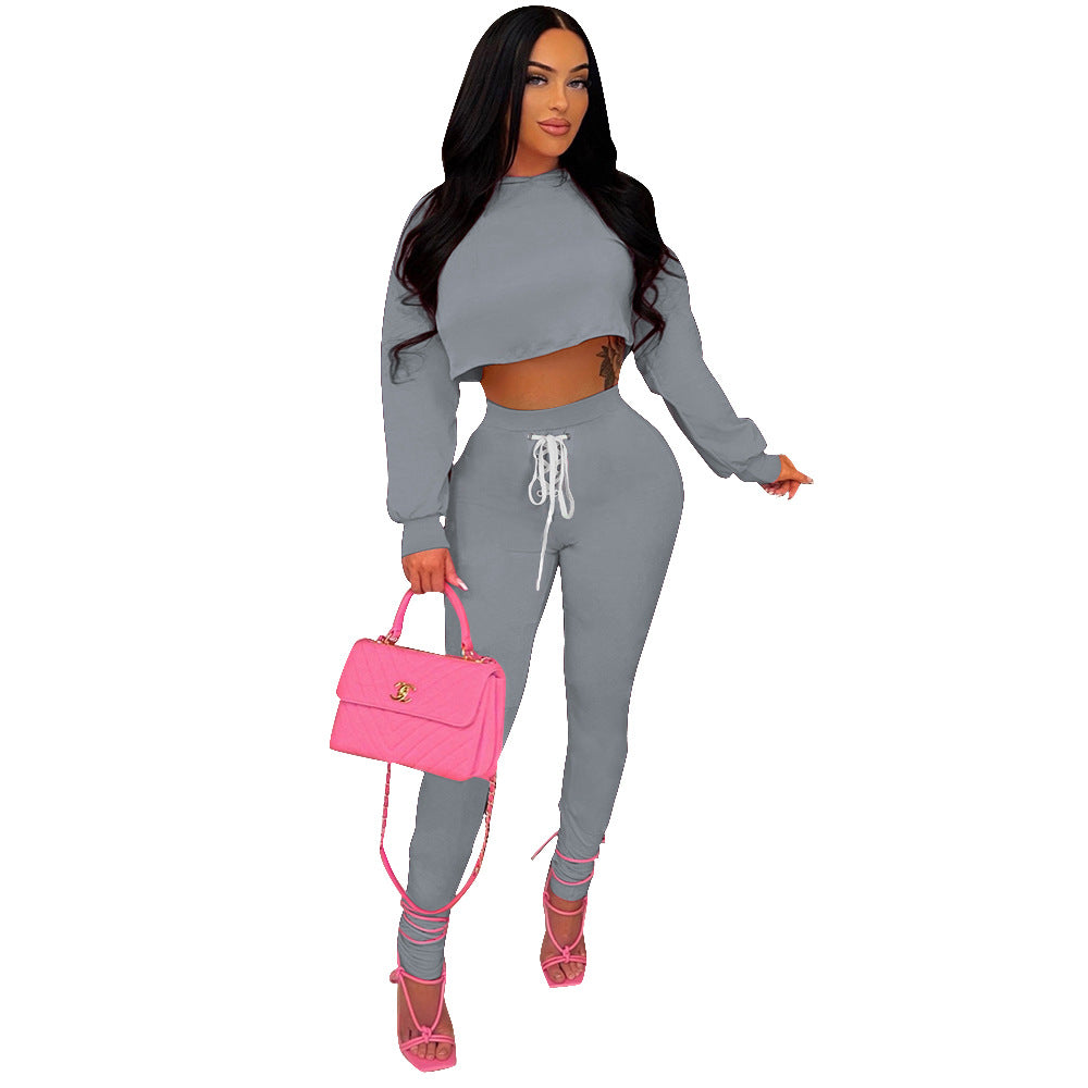 Women Autumn/Winter Long Sleeve Top+Lace-Up Pants Solid Color Two-piece Set 24