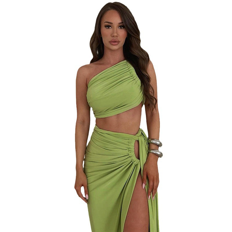 Women Autumn Sexy Backless Strapless Top and Slit Skirt Two-piece Set 8