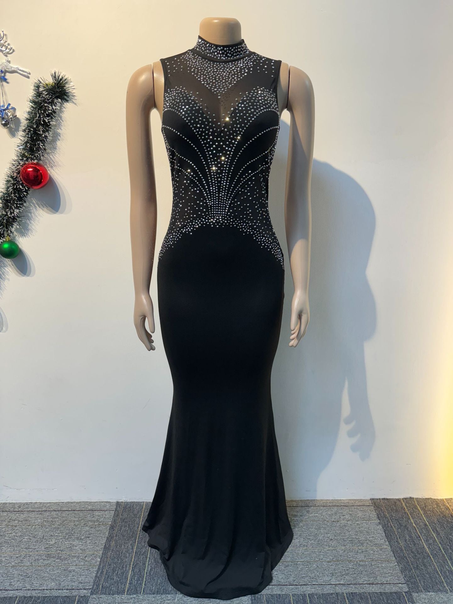 Women Sexy Beaded See-Through Patchwork Sleeveless Bodycon Dress 6