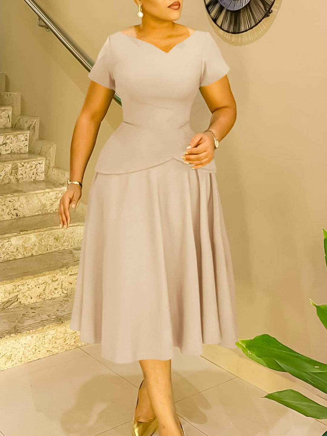 Women Summer Solid V Neck Short Sleeve African Dress