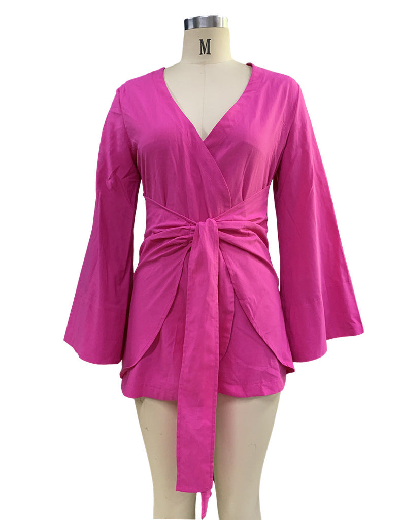 Ladies Fashion Chic Bell Bottom Sleeve V Neck Linen Dress 16