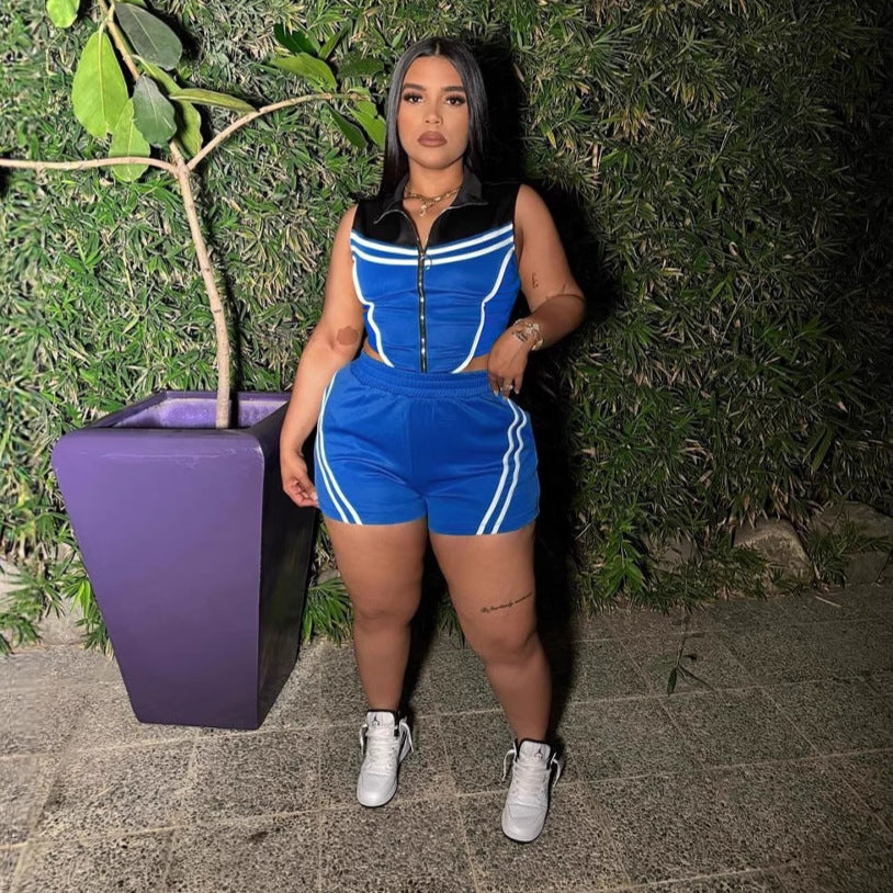 Women Career Casual Striped Patchwork Contrast Color Sleeveless Top and Shorts Sports Two-piece Set 3