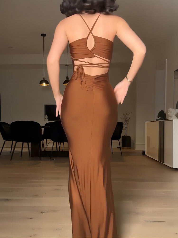 Women's Spring Solid Color Strap Low-Back Lace-Up Slim Long Dress 6