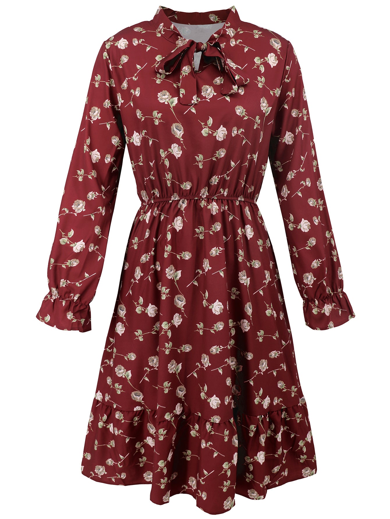 Spring Women's Slim Waist Bell Bottom Long Sleeve Ruffle Floral Dress 22