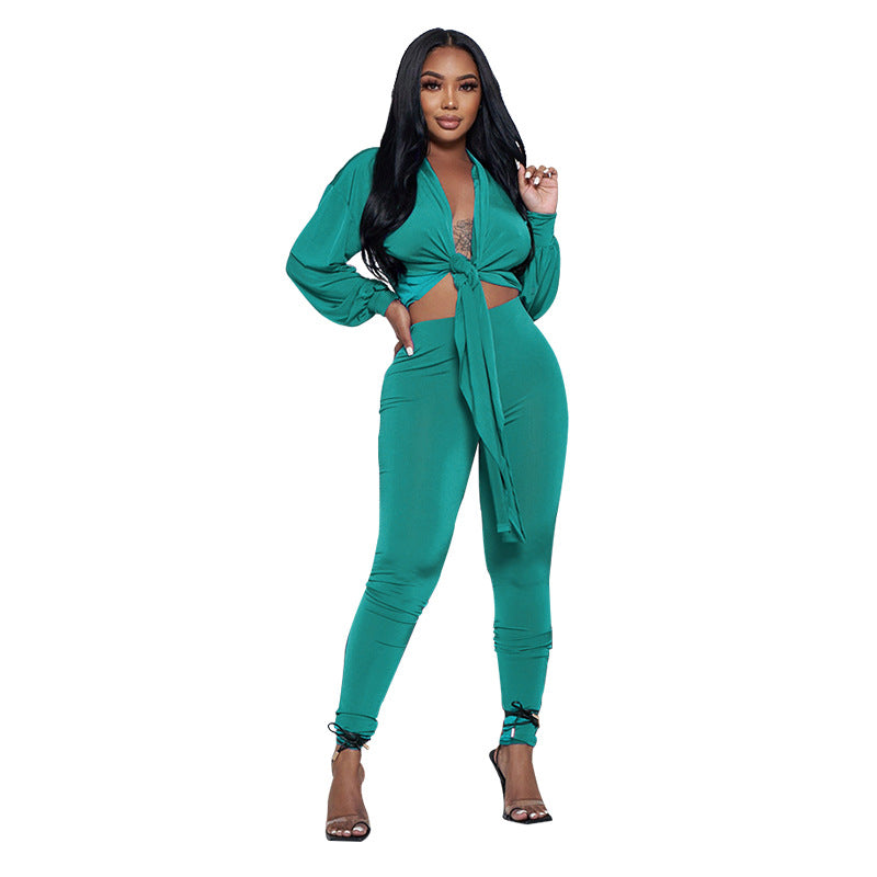 Solid Color Tie Knot Long Sleeve Women'S Two Piece Fashion Casual Tight Fitting Pants Set 5