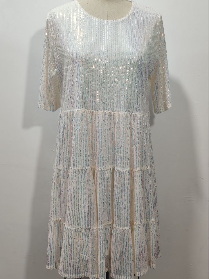 Women 's Sequin Half Sleeve Round Neck Ruffle Loose Formal Party Dress 15