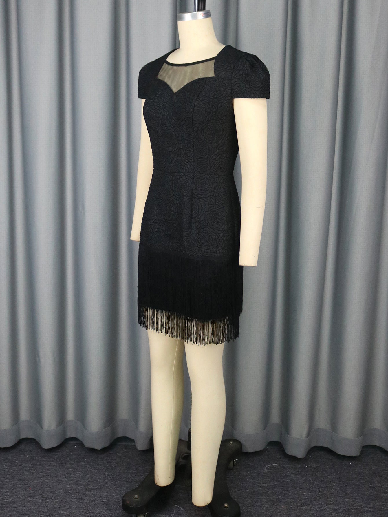 Lace Cut-Out Black Round Neck Dress Fringe Chic Formal Party Gown 6