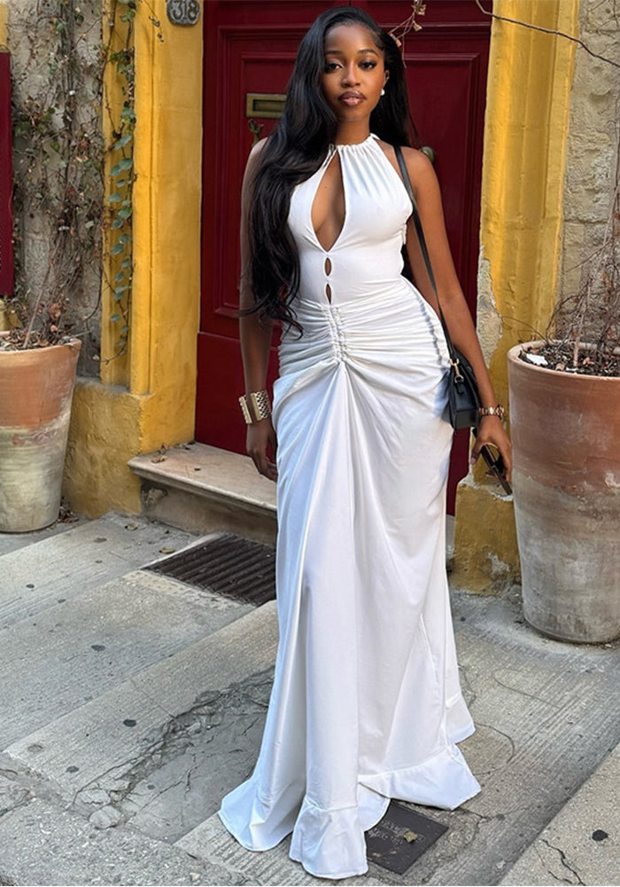 Women Pleated Sexy Hollow Bodycon High Neck Sleeveless Solid Maxi Dress