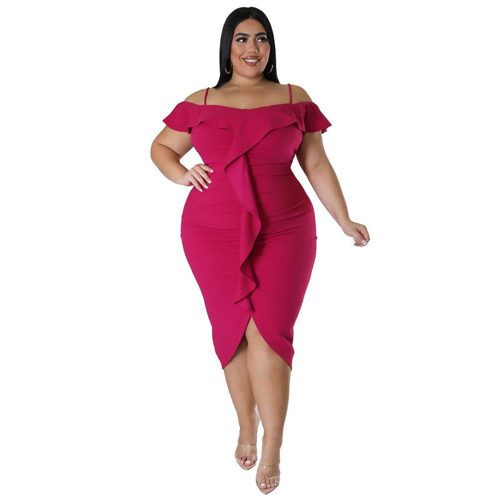 Plus Size Women Solid Off Shoulder Midi Dress 11
