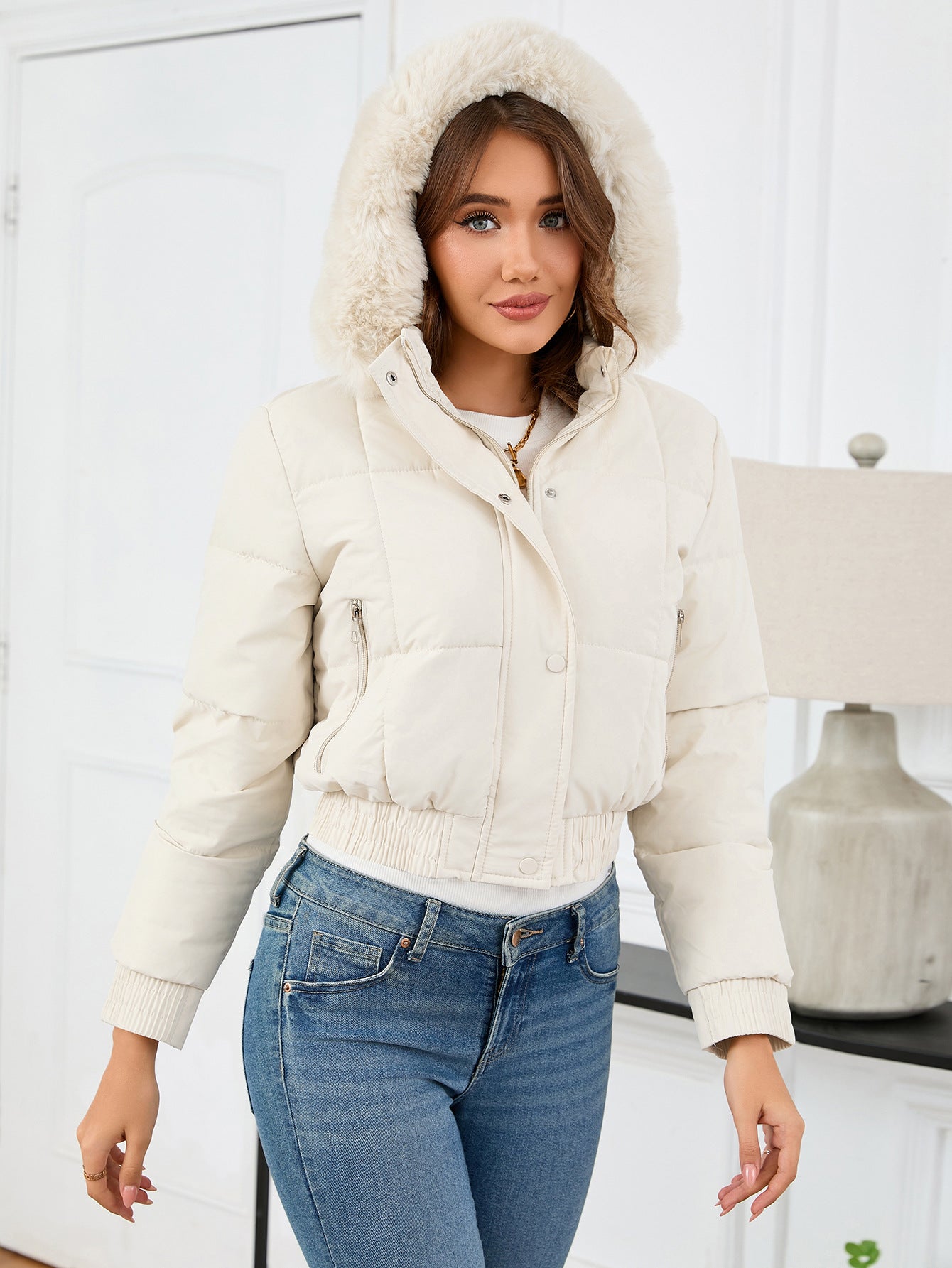 Women's Autumn Winter Short Slim Waist Cotton-Padded Coat Casual Fur Collar Hooded Jacket 3