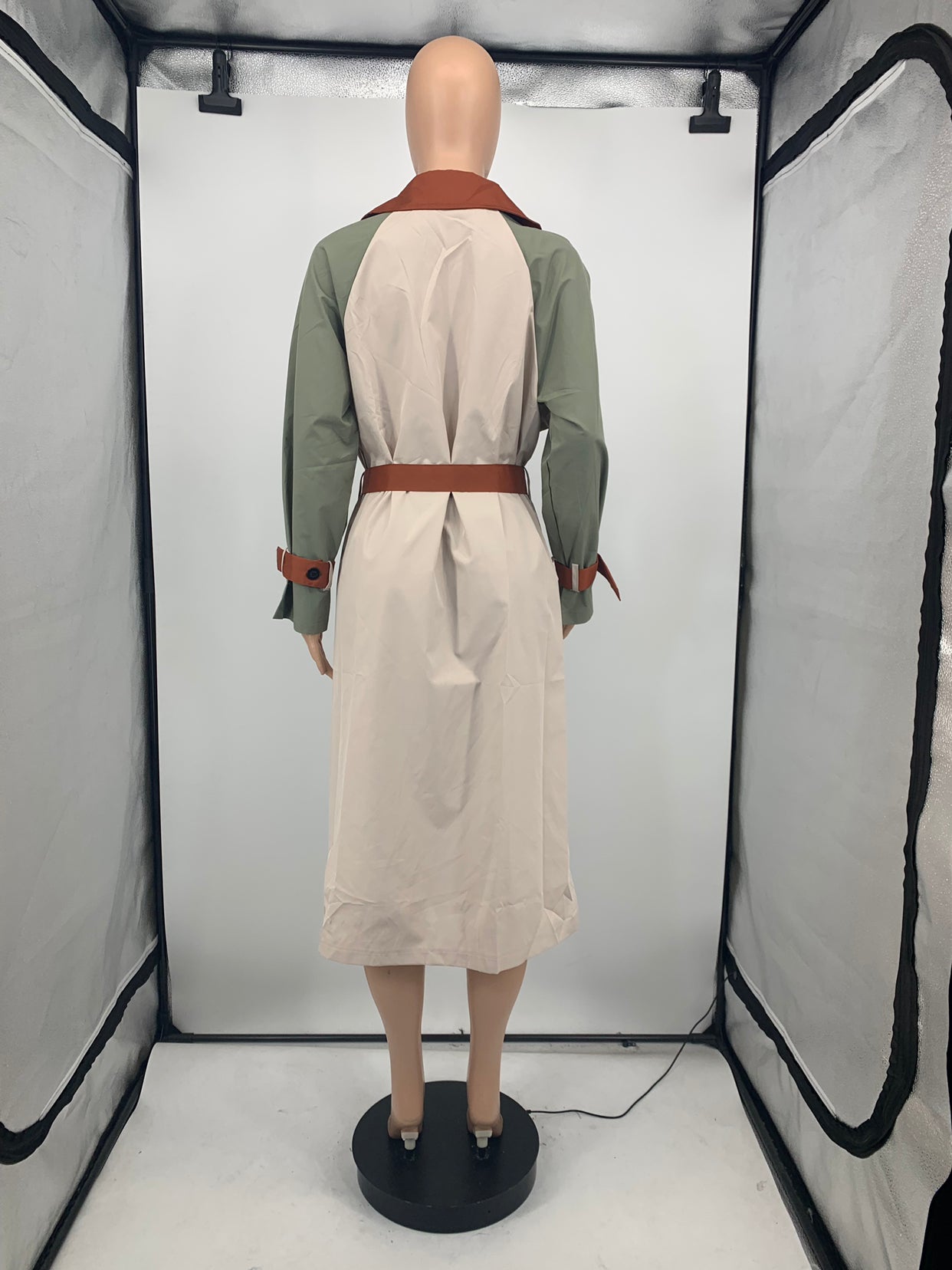 Fall Fashion Contrast Begie And Green Long Sleeve Button-Open Long Coat 6