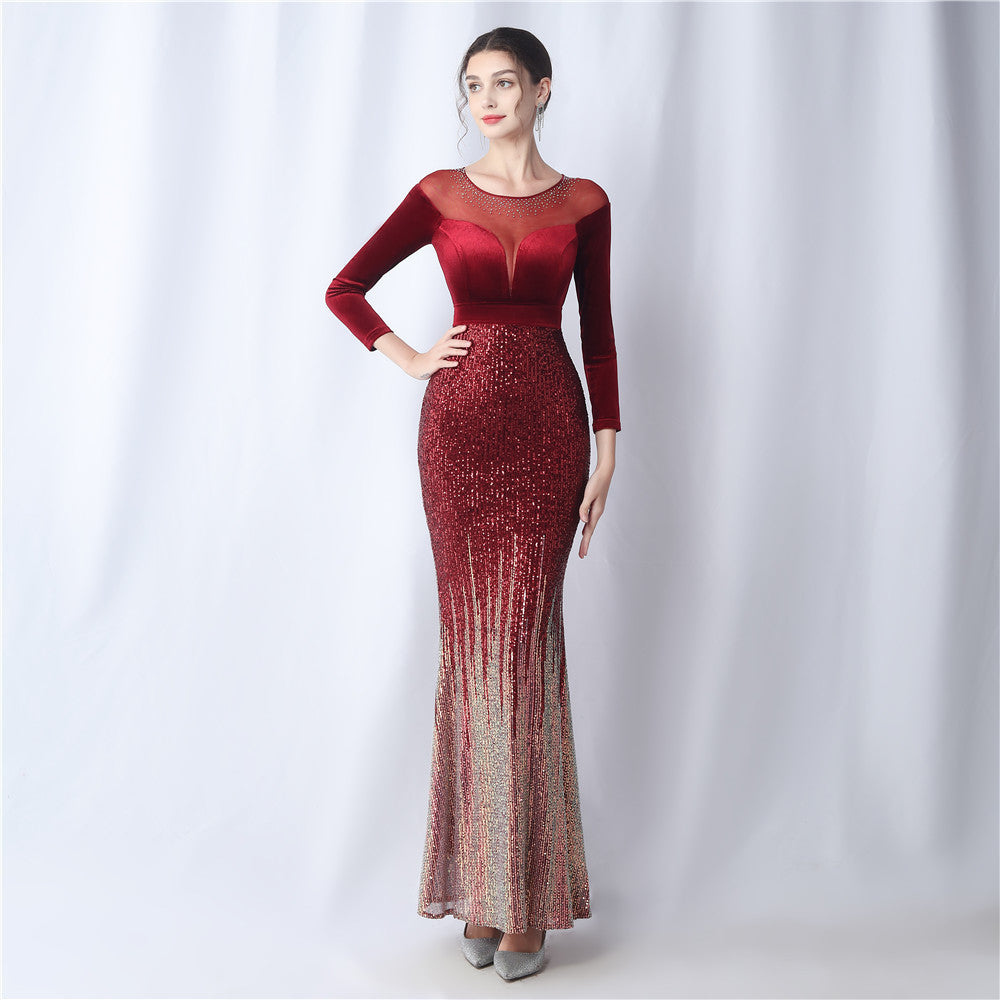 Formal Long Sleeve Patch Sequin Mermaid Evening Dress 10