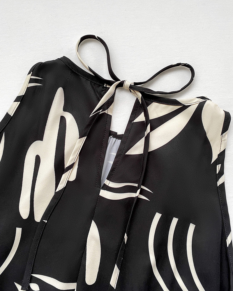 Women Sleeveless Leaf Black and White Print Maxi Dress--No Belt 8