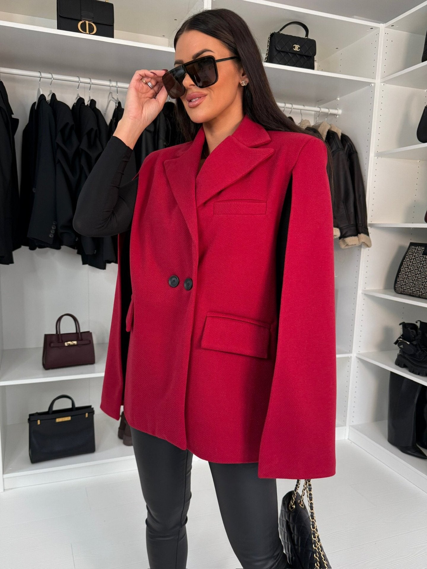 Women winter solid turndown collar cape coat 3