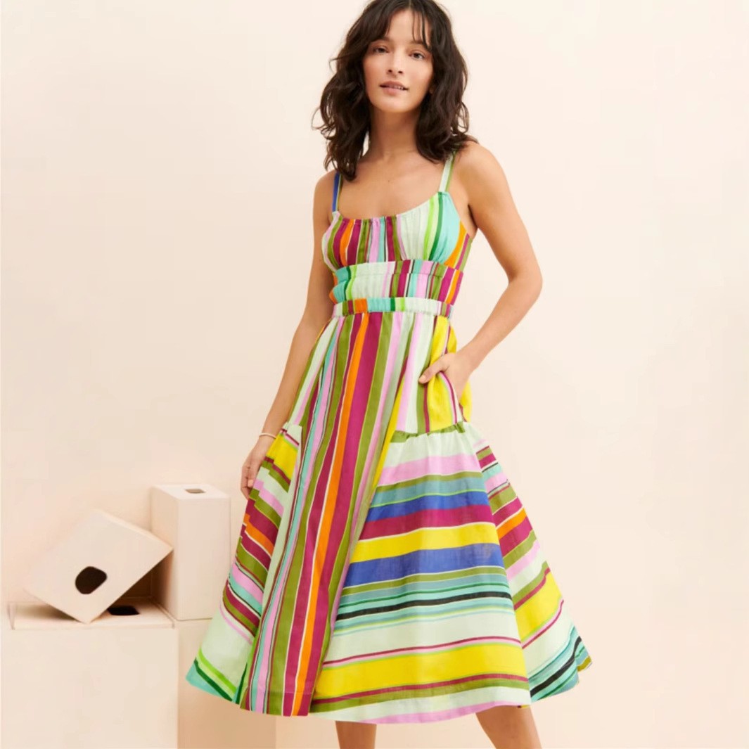 Women Bohemian Holidays Back Hollow Tassel Lace-Up Pocket Stripe Strap Dress 6