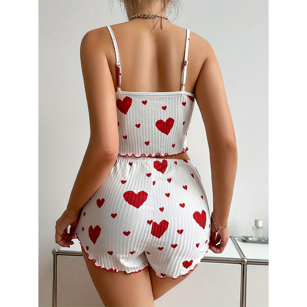 Sexy Home Clothes Suit Heart Print Pajamas Strap Vest Shorts Two-Piece Set 5