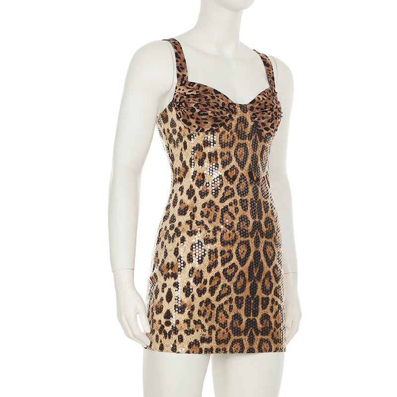 Women Spring Summer Leopard Sequin Sleeveless Strap Slim Bodycon Dress 8