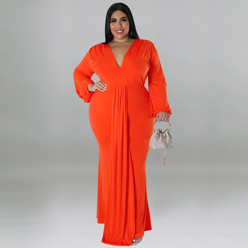 Plus Size Women's Solid Color Sexy Deep V Neck Long Sleeve Pleated Dress 4