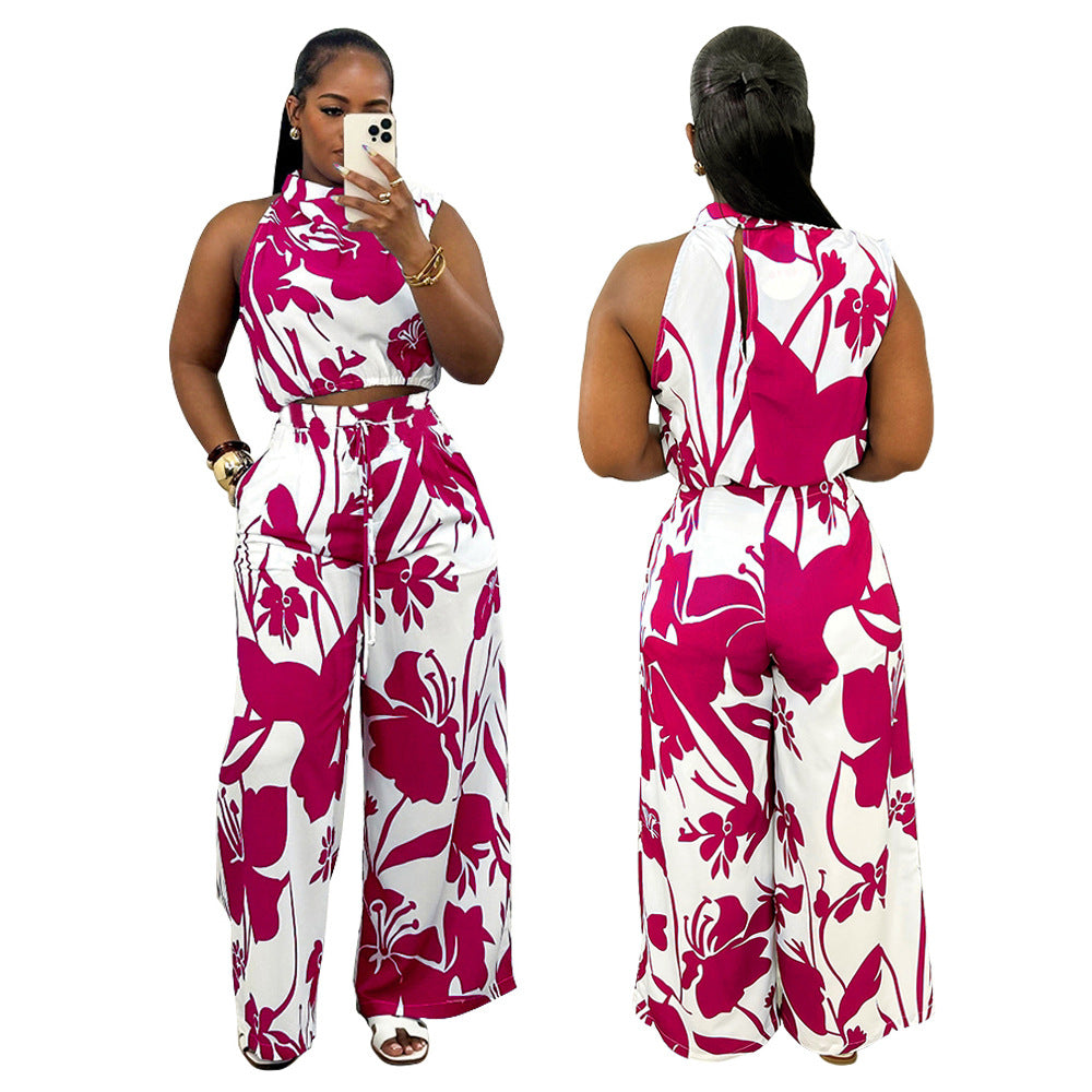Fashion Women's Sleeveless Pocket Printed Two Piece Pants Set 4