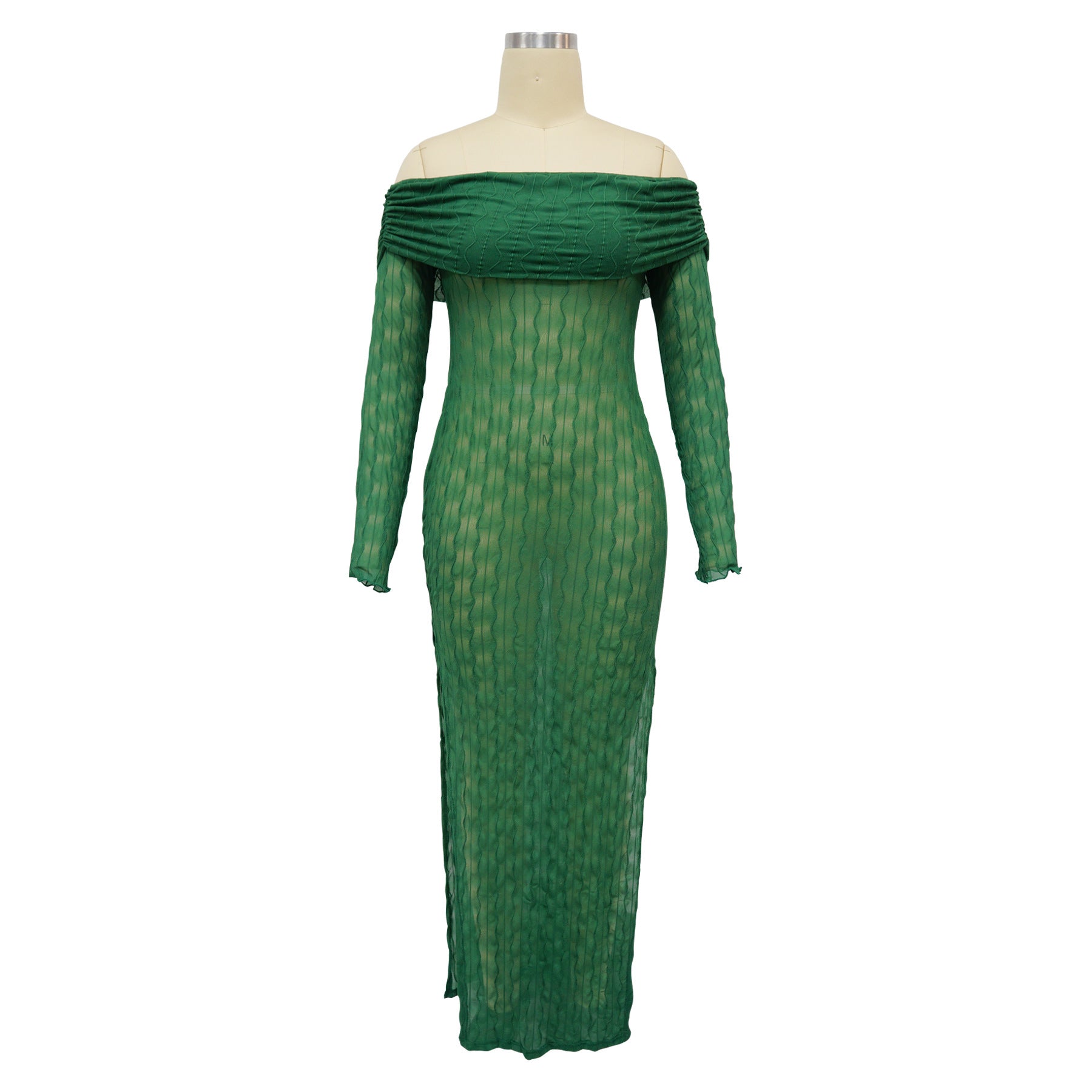 Women's Off Shoulder Long-Sleeved See-Through Slit Dress 12