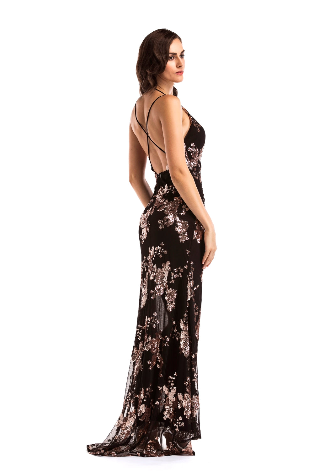 Sequins Floral Straps Slit Evening Dress 10