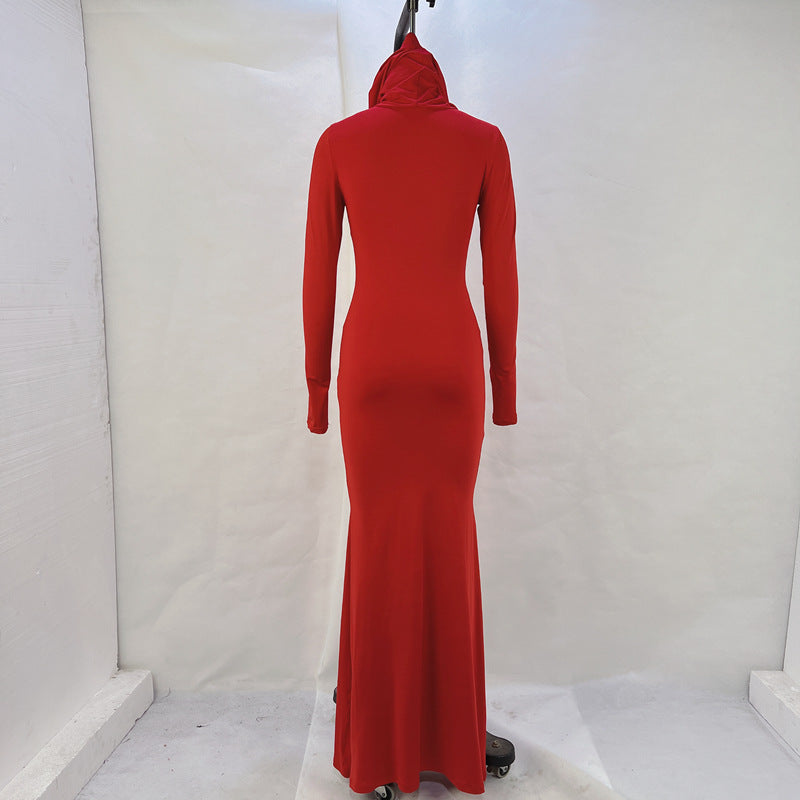 Women Autumn Solid Hooded Long Sleeve Dress 12