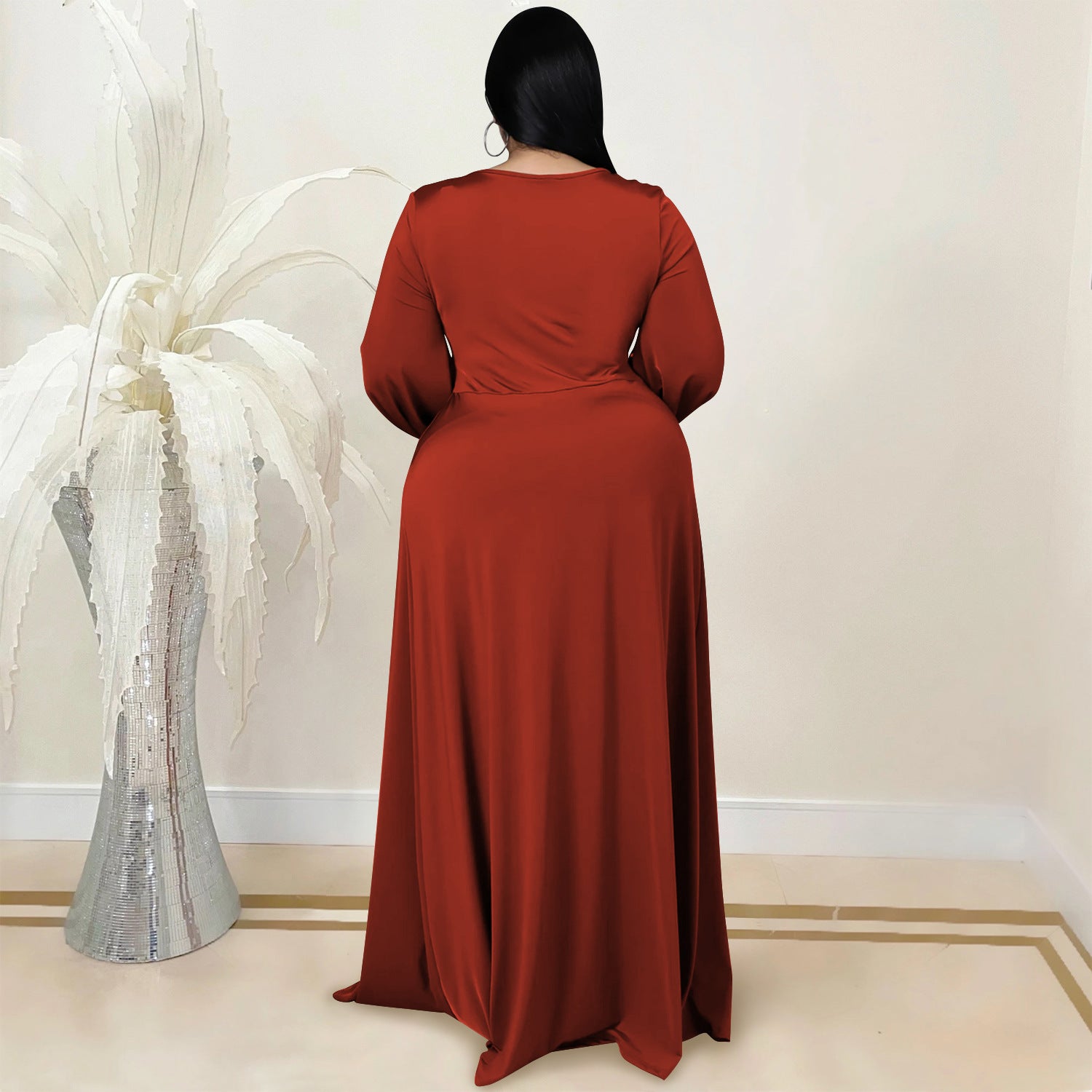 Plus-Size Women V-Neck Long-Sleeved Slit Dress 4