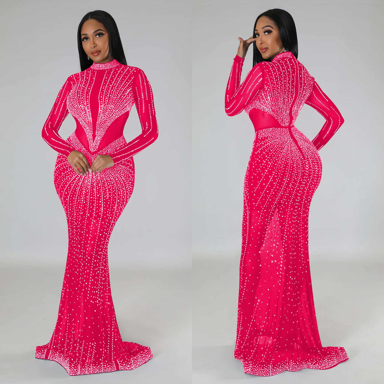 Women's Fashion Solid Color Mesh Beaded Long Sleeve Maxi Dress 5