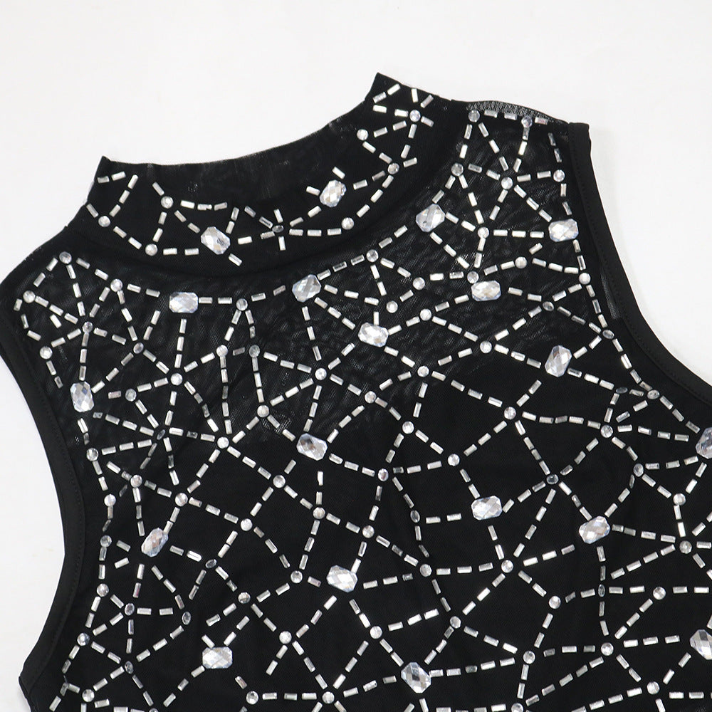 Women Beaded Mesh Sleeveless Round Neck Top and Bodycon Mini Skirt with Panties Two-piece Set 16