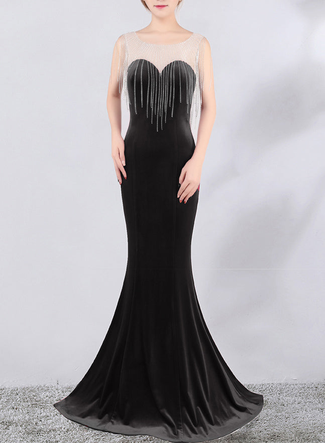 diamond chain velvet evening dress Formal Party long slim and elegant mermaid Prom Dress 3