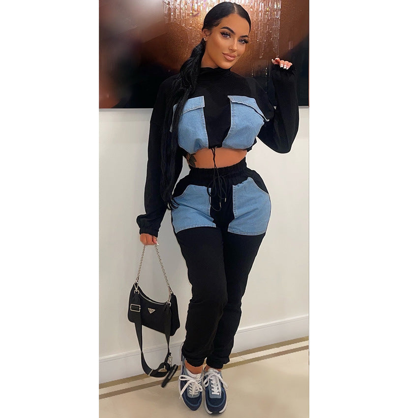 Women's Autumn And Winter Fashion Patchwork High Collar Open Waist Two-Piece Pants Set 3