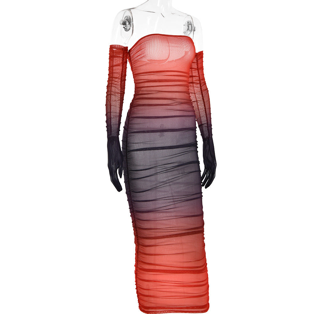 Women Mesh Gradient Off Shoulder Strapless Backless Dress 14